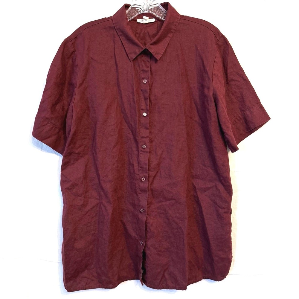 Eileen Fisher Delave Linen Button Down Shirt Small Burgundy Plum Short Sleeve - Picture 2 of 8